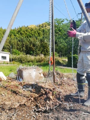 木株をチェーンブロックで釣り上げる